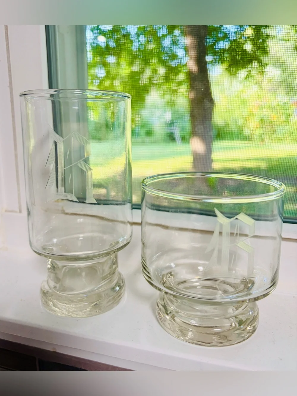Vintage MCM Monogram R Footed Cocktail Glasses Set of 2 Highball Rocks Glass